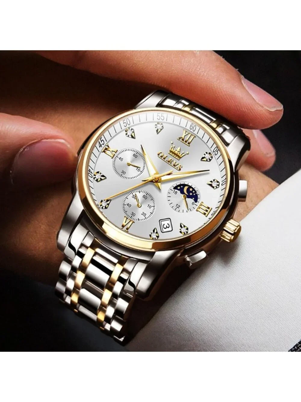 Men's Silver Analog Quartz Stainless Waterproof Diamond Luminous Classic Watch